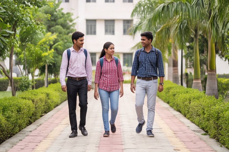 Students walking along a hedge-lined campus path