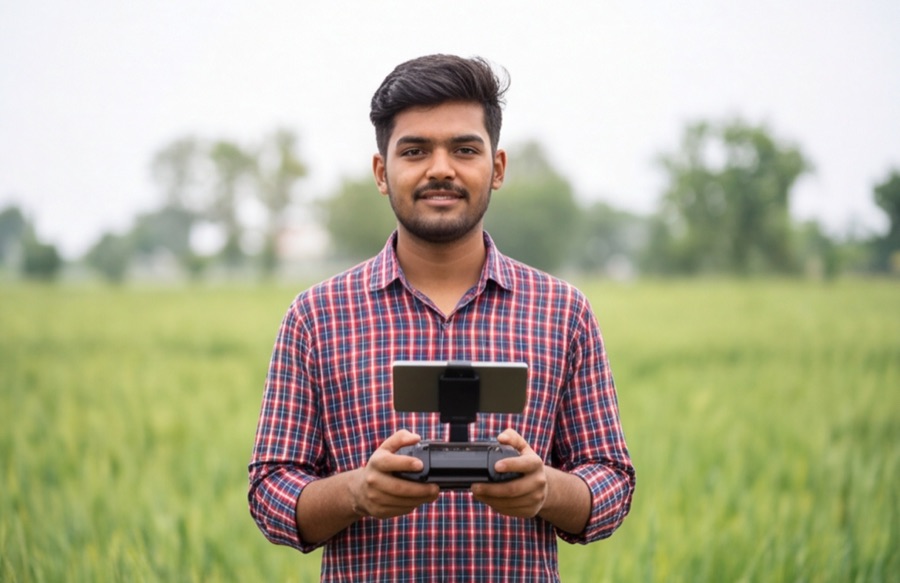Student holding a drone controller in a green field