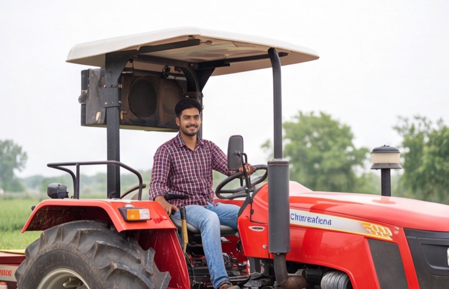Student operating a tractor on the college farm