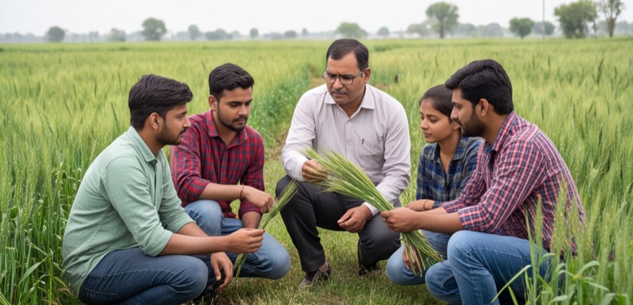 Students examining wheat crops with a professor in the field