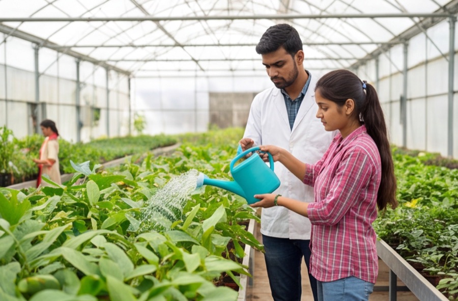 Students watering seedlings inside the campus greenhouse