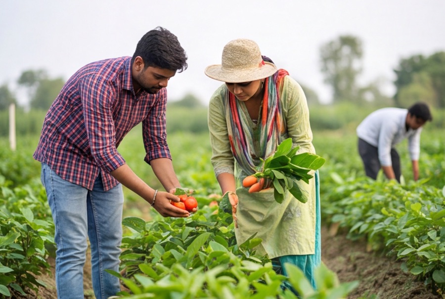 Students harvesting vegetables on the experimental farm