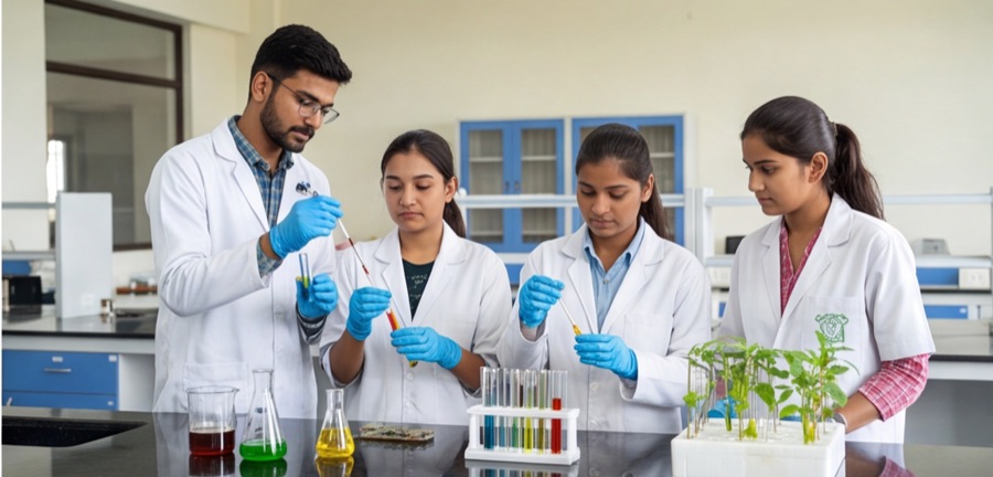 Students in white lab coats working with samples in the laboratory