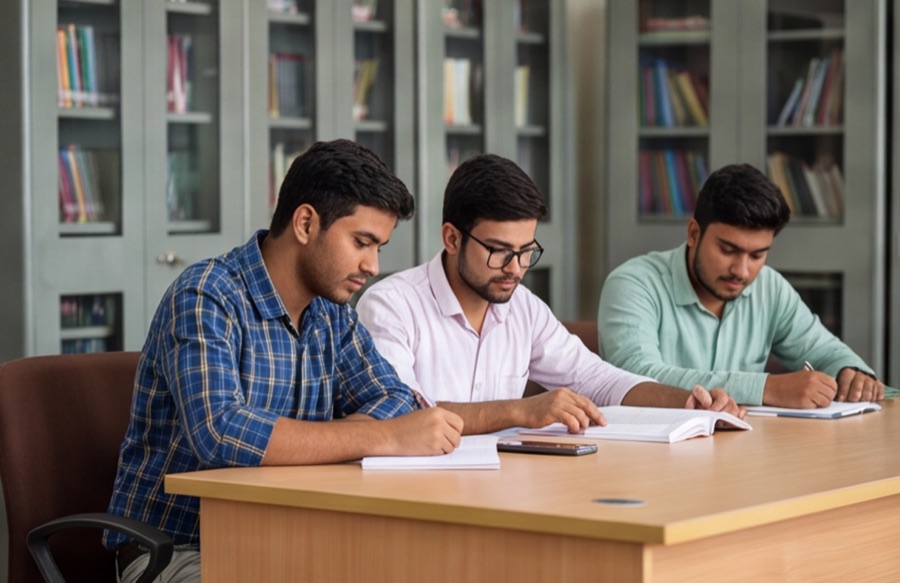 Students reading in the central library