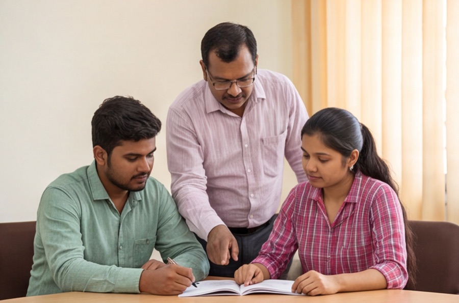 A professor mentoring two students at a desk