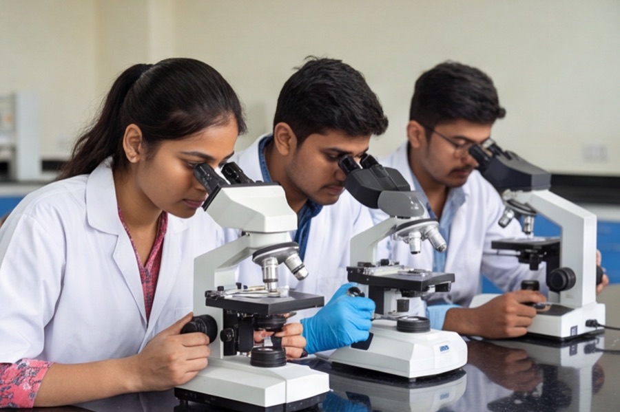 Students studying specimens under microscopes