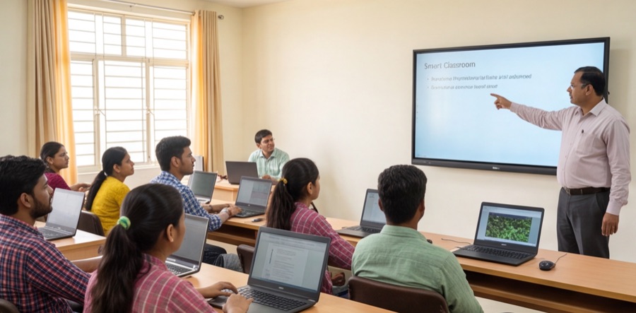 A smart classroom session with laptops and a display screen