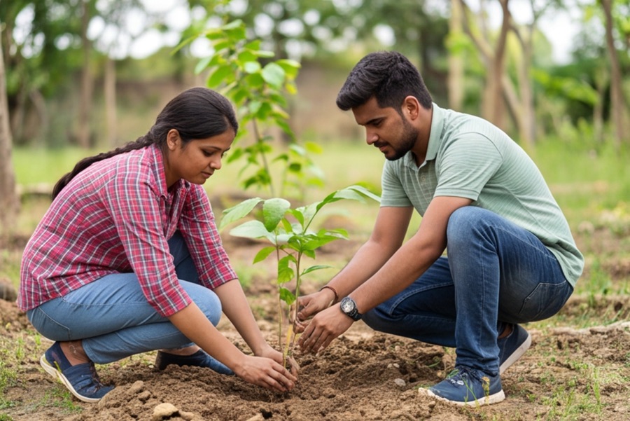 Students planting a sapling on campus